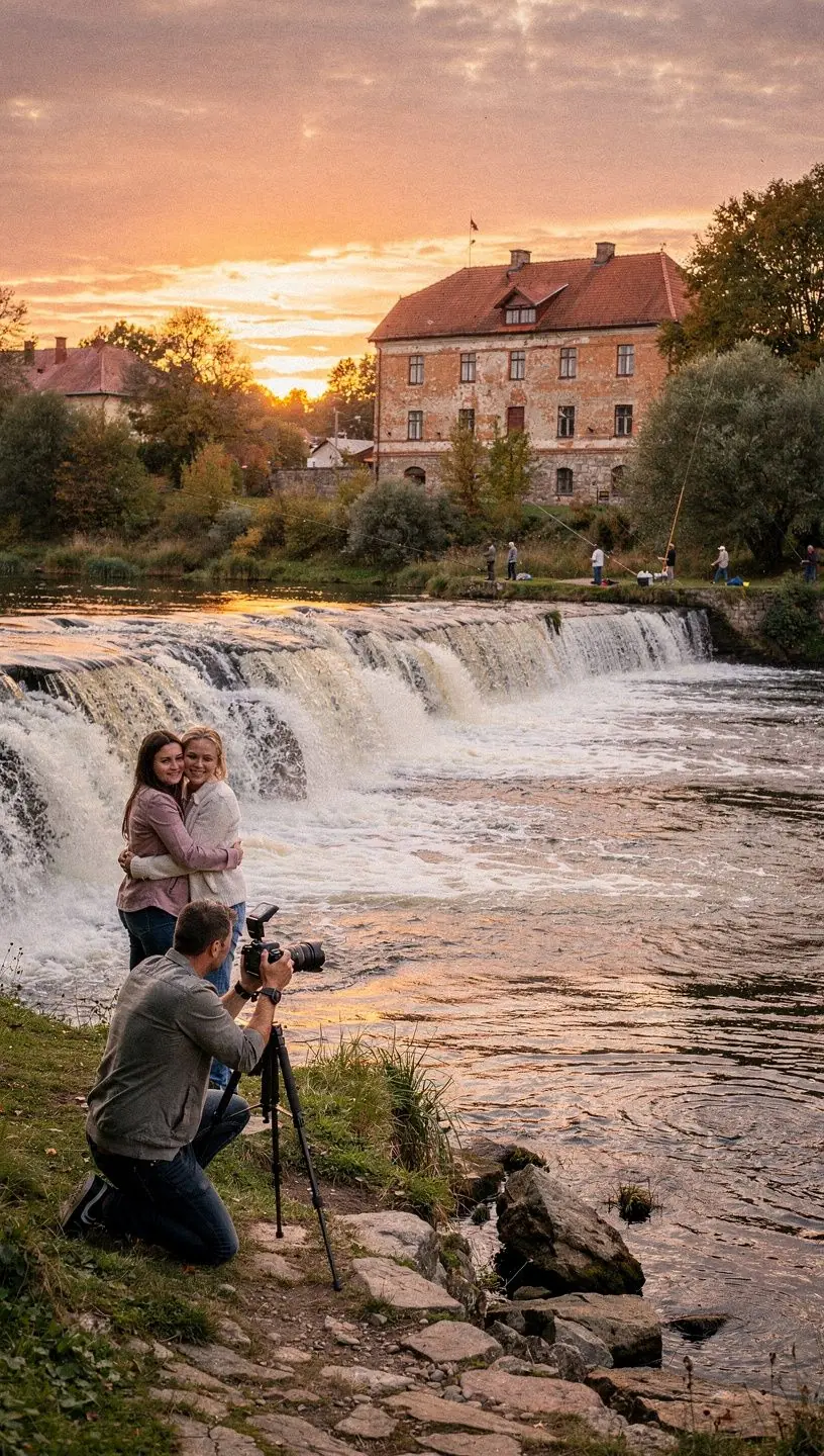 Ekskursantu grupa, kas vēro arhitektoniskos objektus Rīgas jūgendstila rajonā ar gida stāstījumu.